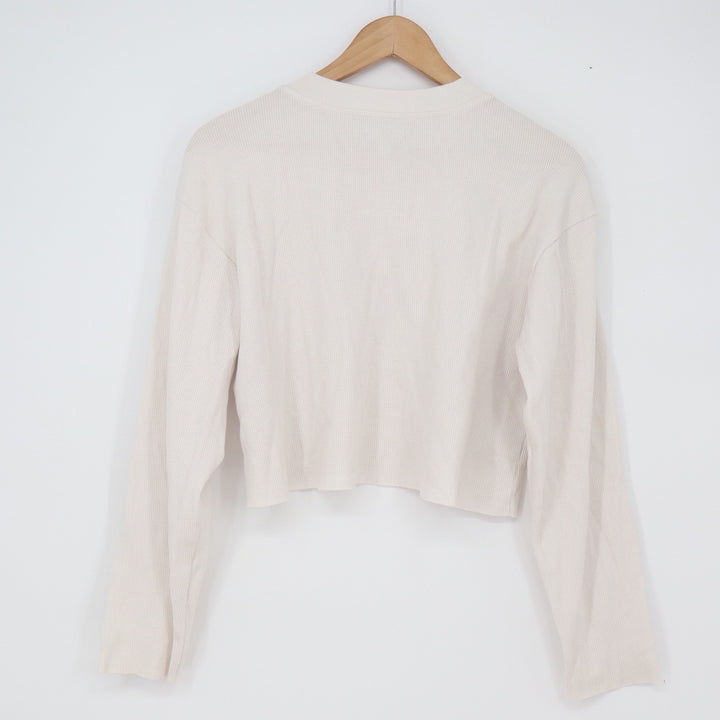 BP Top Womens S Henley Cropped Off White Waffle Knit Long Sleeve Excellent