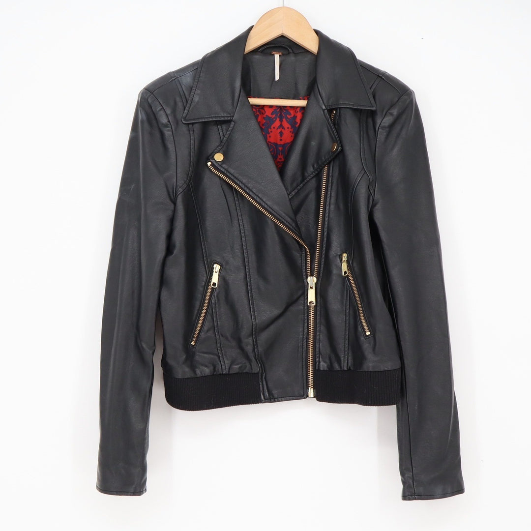 Free People Moto Jacket Womens S Vegan Leather Black Gold Zip Ribbed Excellent