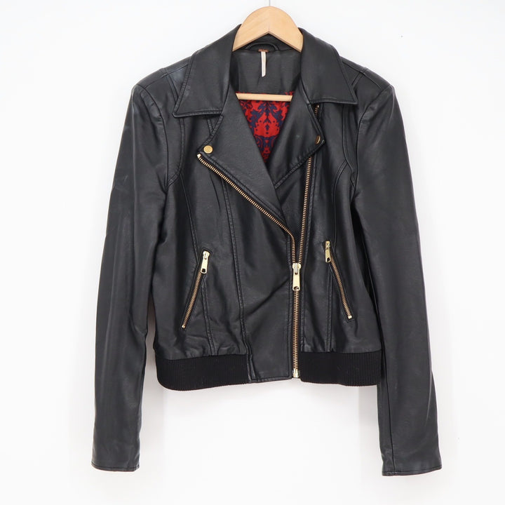 Free People Moto Jacket Womens S Vegan Leather Black Gold Zip Ribbed Excellent
