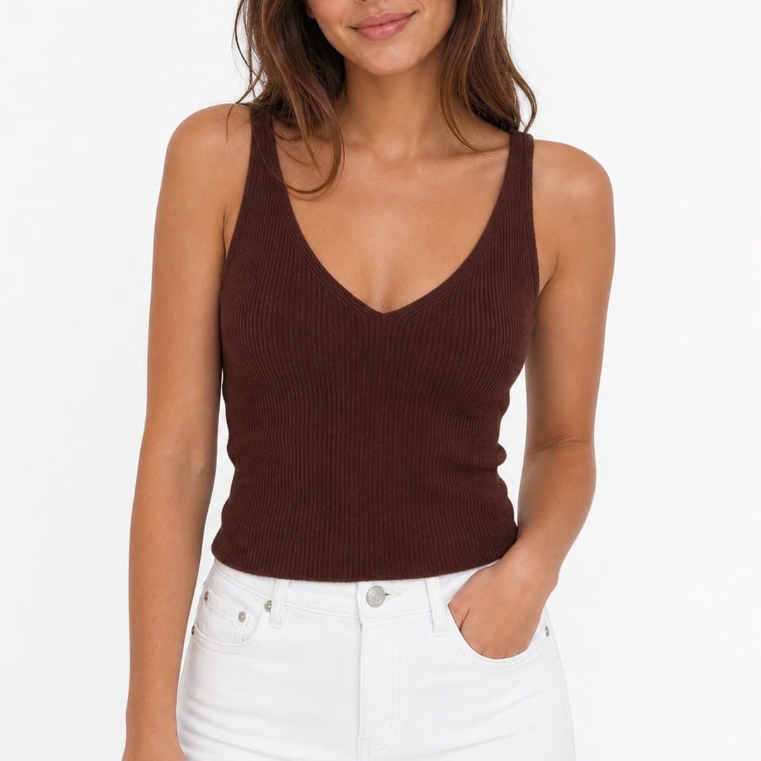 Gap Womens Brown Ribbed V-Neck Sweater Tank Top Cropped Size Large Cotton Blend