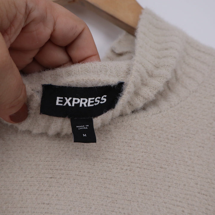 Express Womens Mock Neck Sweater Oatmeal Beige Fuzzy Knit Step Hem Size M
