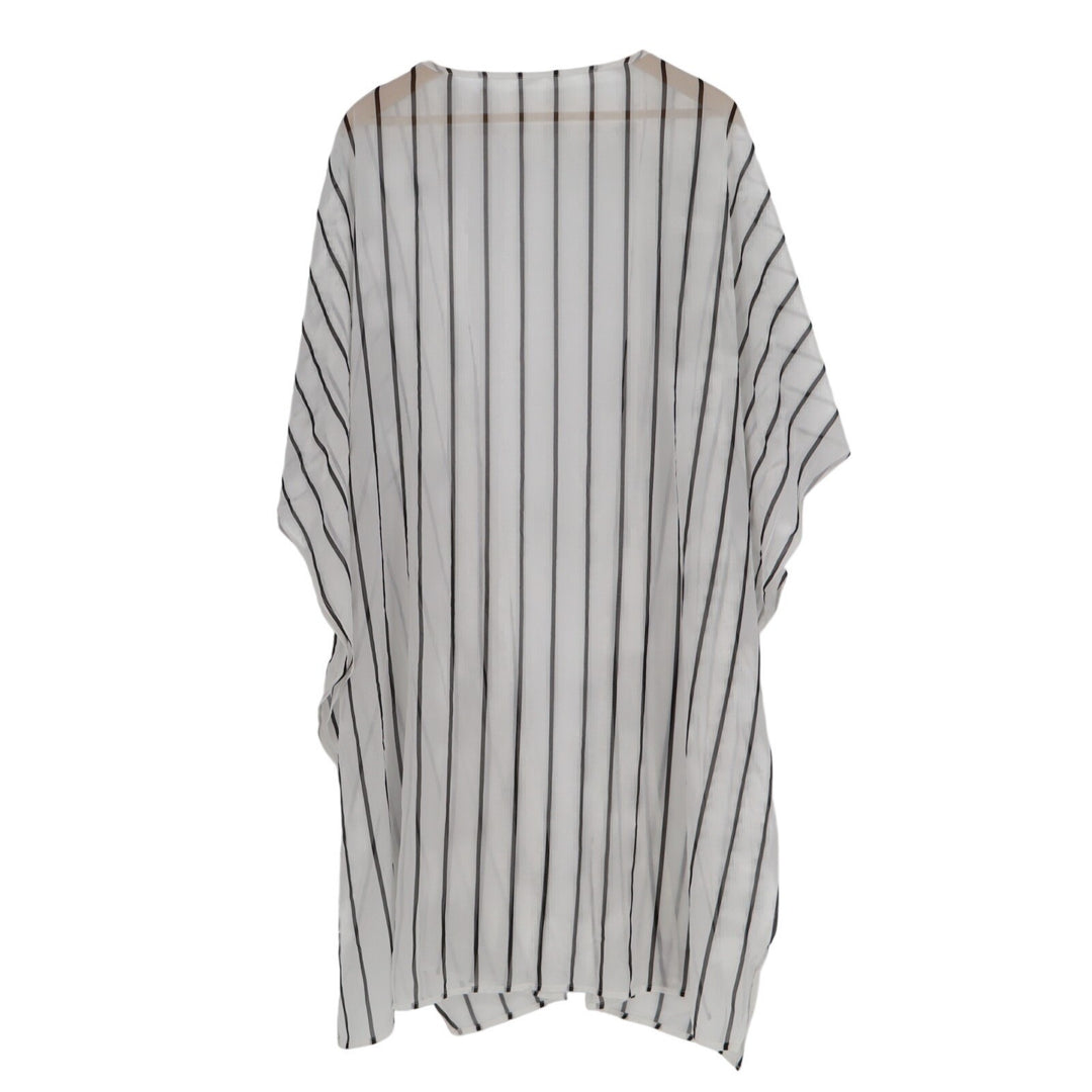 Womens Cover Up White Black Striped Open Front Side Slits Kimono Sleeve Summer