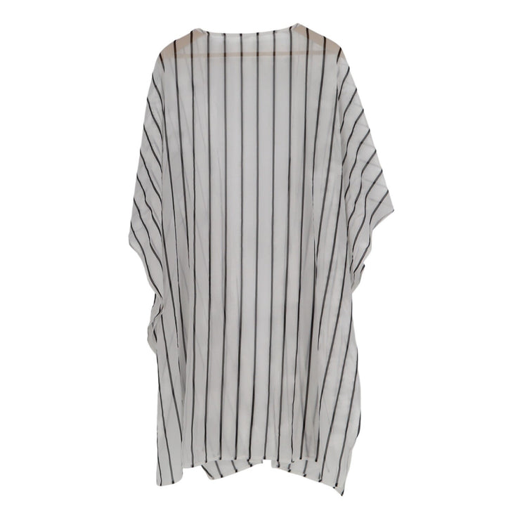 Womens Cover Up White Black Striped Open Front Side Slits Kimono Sleeve Summer
