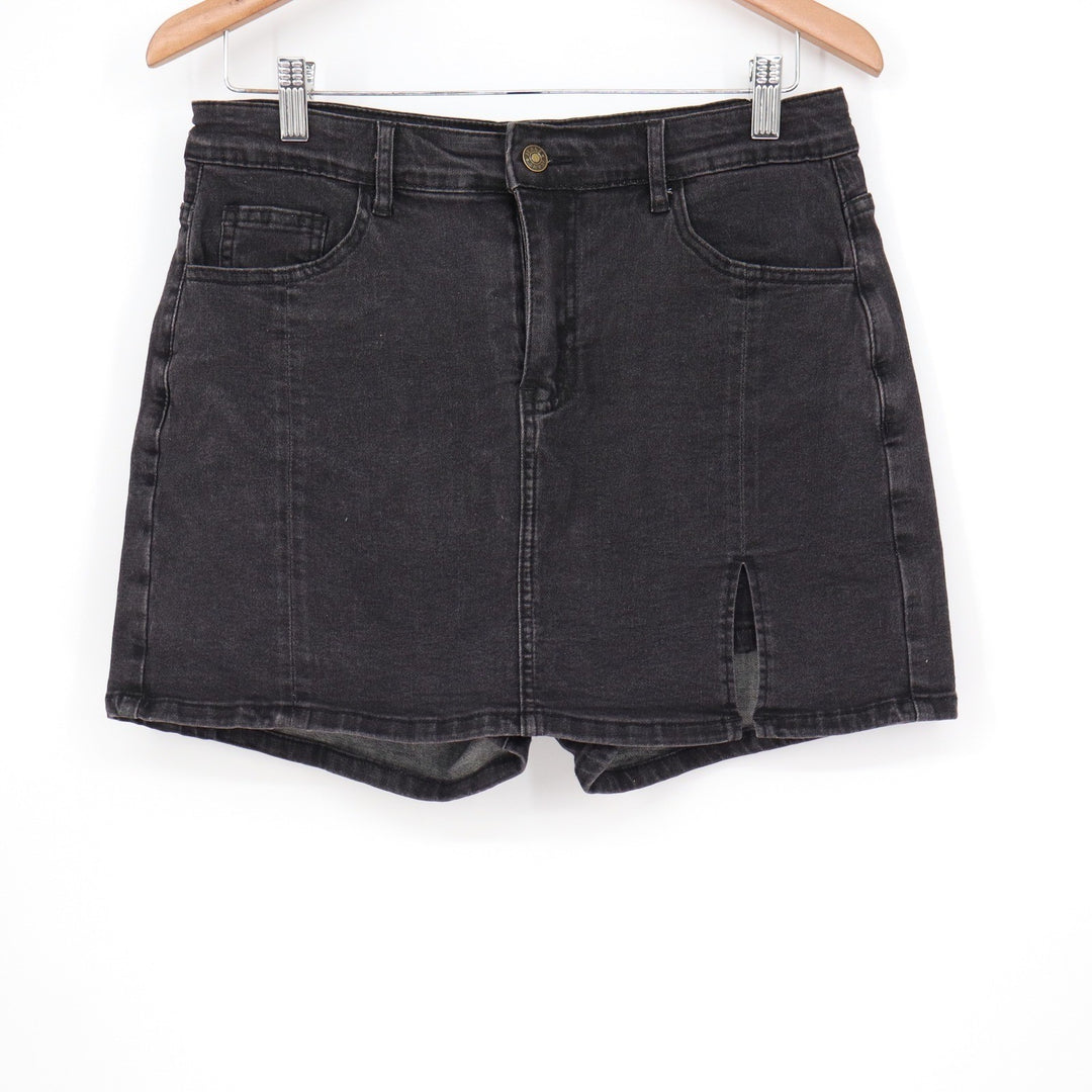 Black Denim Skort Front Slit High Waisted Mini Skirt Shorts Size L/M