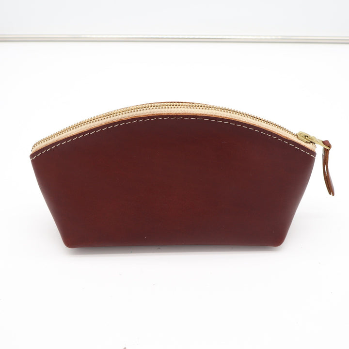 Handmade Brown Leather Dome Cosmetic Bag Pouch Brass Zipper Contrast Stitching