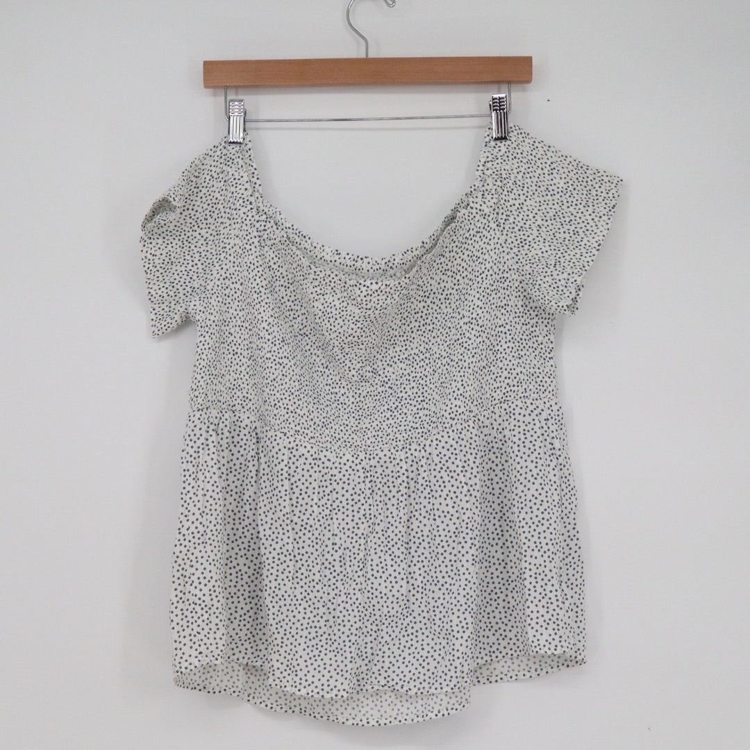 Old Navy Womens XL Polka Dot Smocked Peplum Top White Blue Off Shoulder
