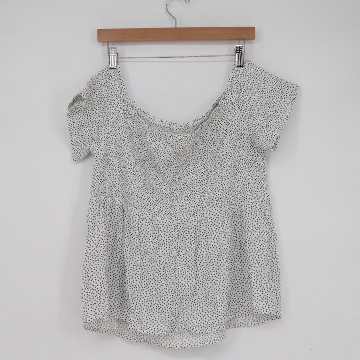 Old Navy Womens XL Polka Dot Smocked Peplum Top White Blue Off Shoulder