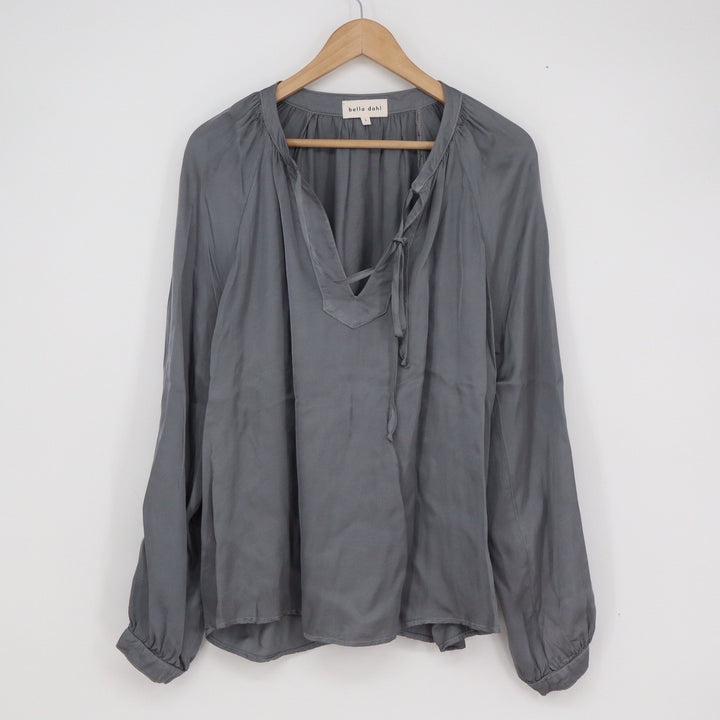Bella Dahl Gray Split V-Neck Tie Long Sleeve Blouse Top Large