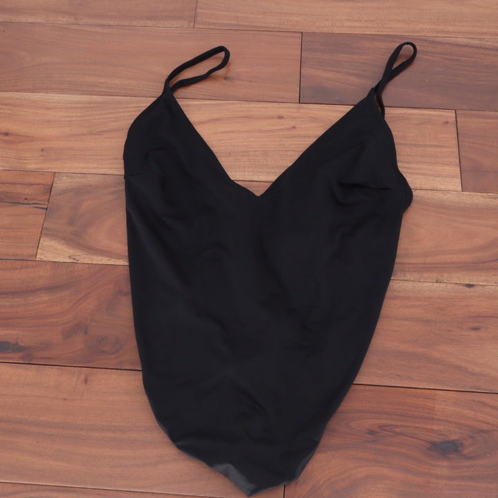 ASOS DESIGN Black V Neck Spaghetti Strap One Piece Swimsuit Bathing Suit