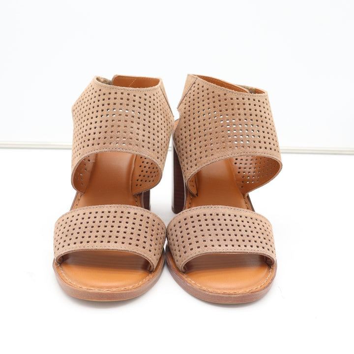 Franco Sarto Delores Tan Perforated Suede Block Heel Sandals Womens 8.5M