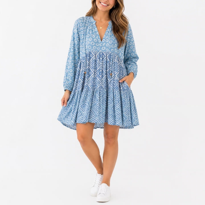 Jessica Simpson Blue Mixed Print Tiered Mini Dress Long Sleeve Cotton Large