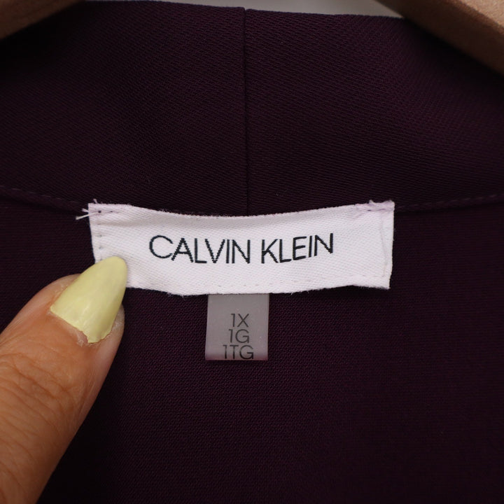 Calvin Klein Womens 1X Plum Purple V-Neck 3/4 Roll-Tab Sleeve Blouse Top