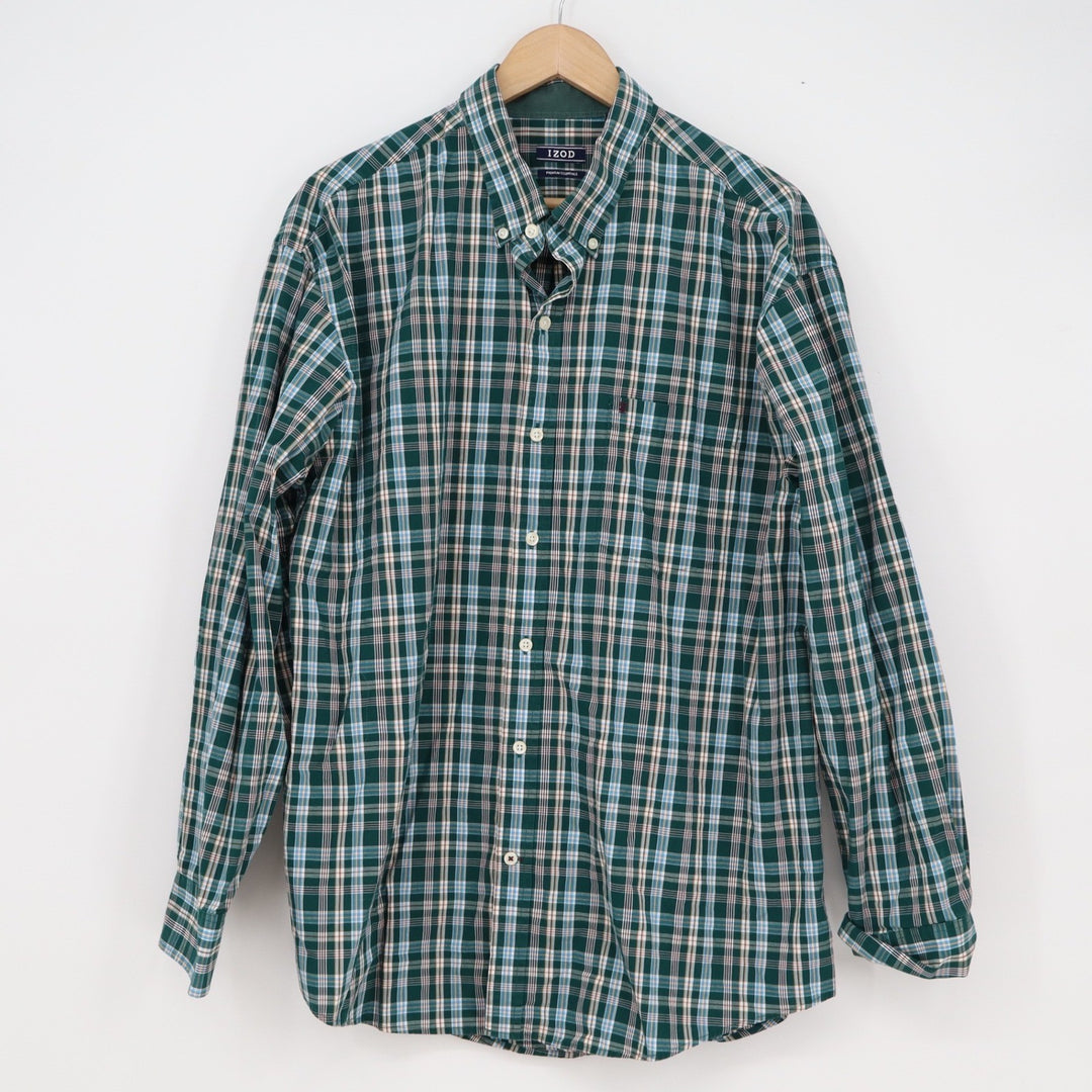 Izod Premium Essentials Mens XL Green Blue Plaid Cotton Button Down Shirt