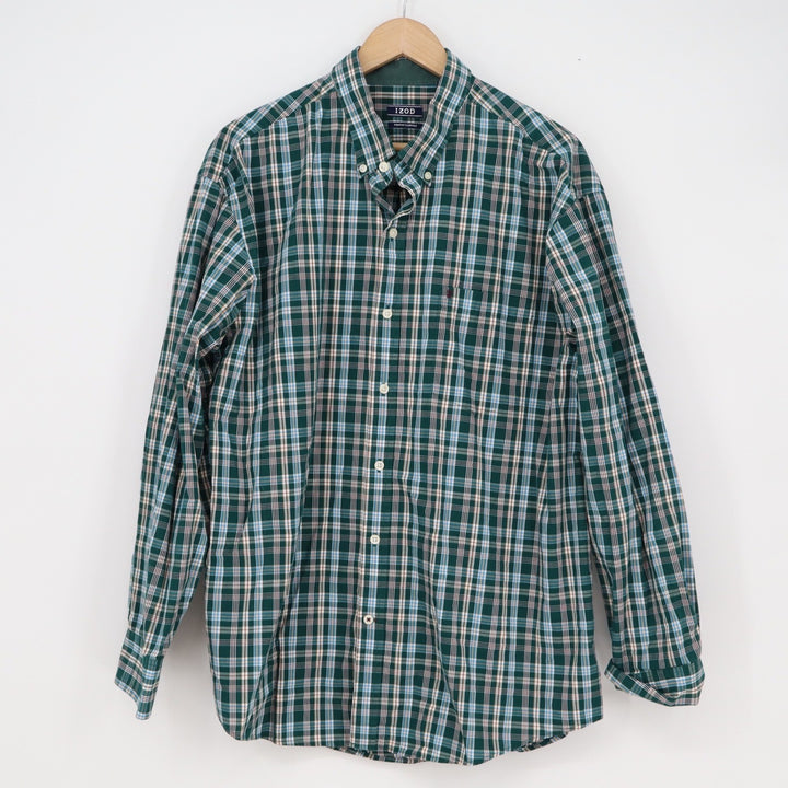Izod Premium Essentials Mens XL Green Blue Plaid Cotton Button Down Shirt