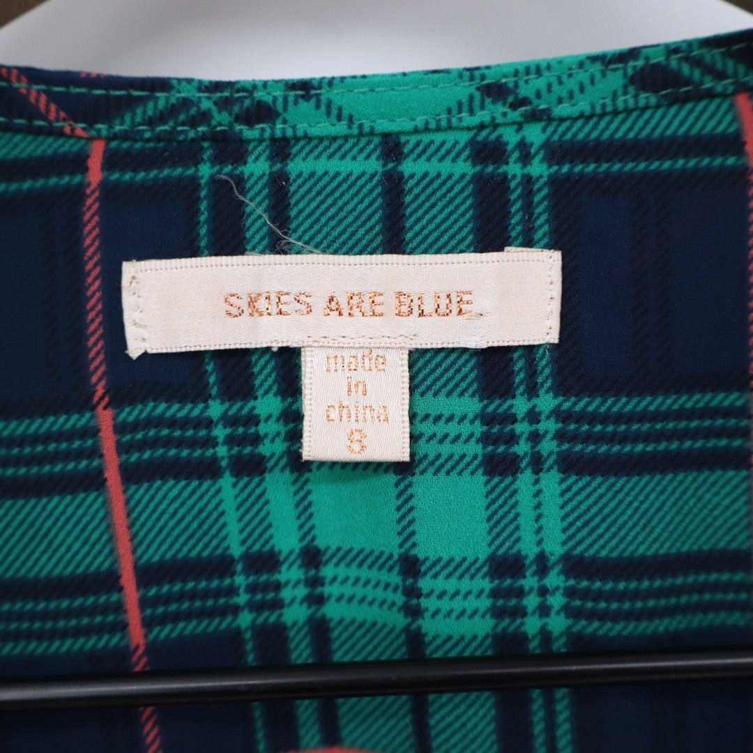 Skies Are Blue Top Women's S Green Plaid Long Sleeve V-Neck Blouse Excellent