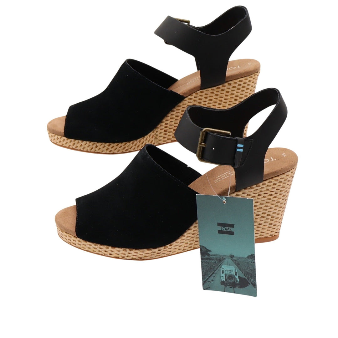 TOMS Tropez Black Suede Leather Wedge Sandals Peep Toe Ankle Strap Sz 9