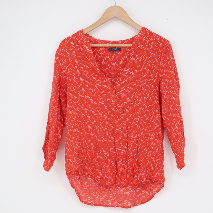 NYDJ Womens Red Geometric Print Henley Blouse 3/4 Roll Tab Sleeve Small