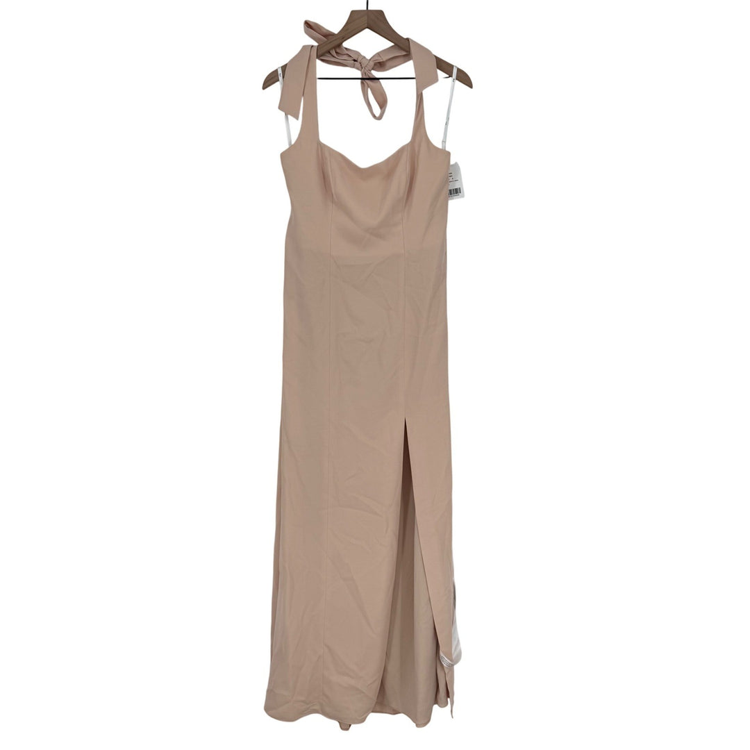 Thread Tie Halter Open Back Trumpet Gown In Cameo Size M