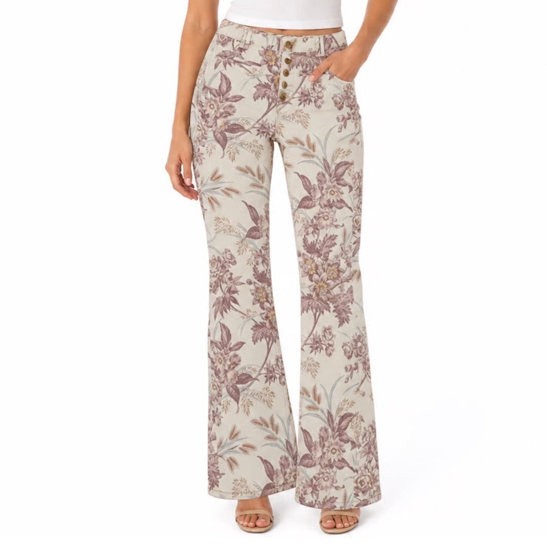 Pilcro Anthropologie High Rise Trouser Bootcut Floral Pants Mauve Cream 27