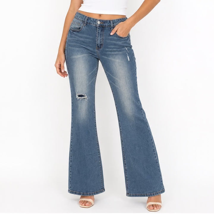 SHEIN Curve Womens 1XL Blue Distressed Flare Jeans High Rise Ripped Denim