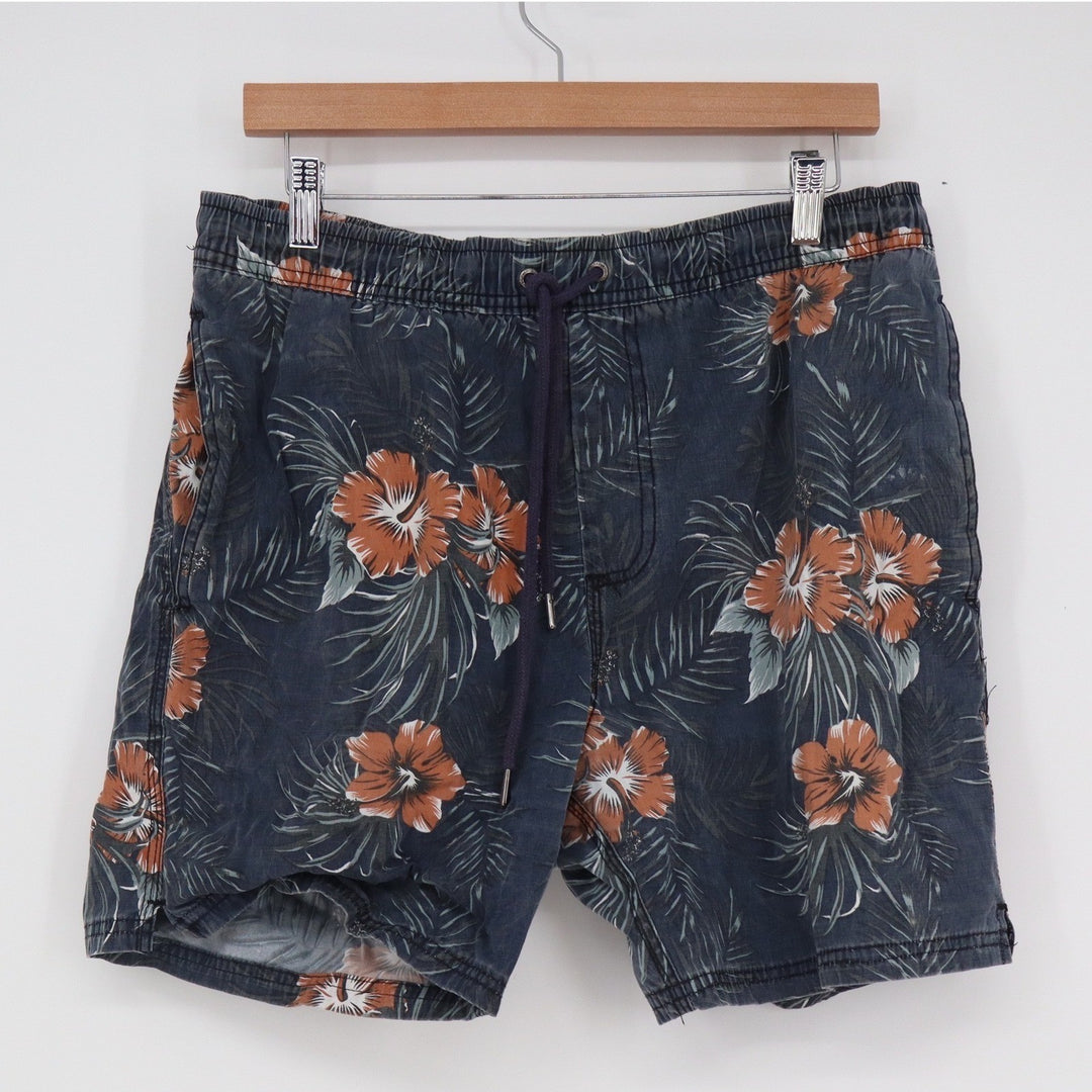 Sunrise Kingdom Mens Floral Board Shorts Navy Blue Hibiscus Tropical Swim M