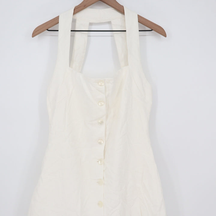 Showpo Ricki Mini Dress White Linen Blend Halter Neck Button Front Size 8
