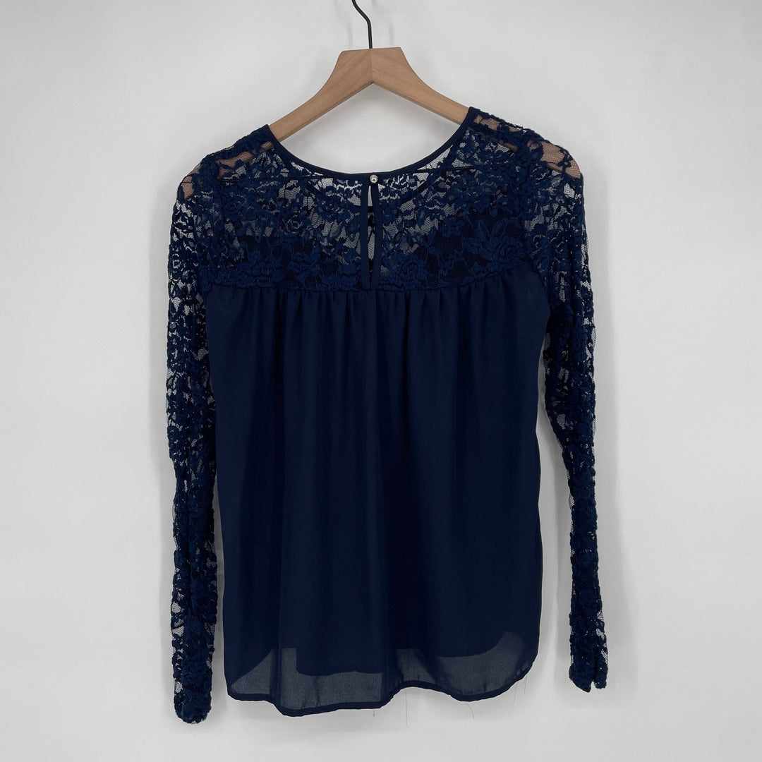 Charlotte Russe Navy Blue Lace Sleeve Gathered Neck Blouse Top Women's Medium