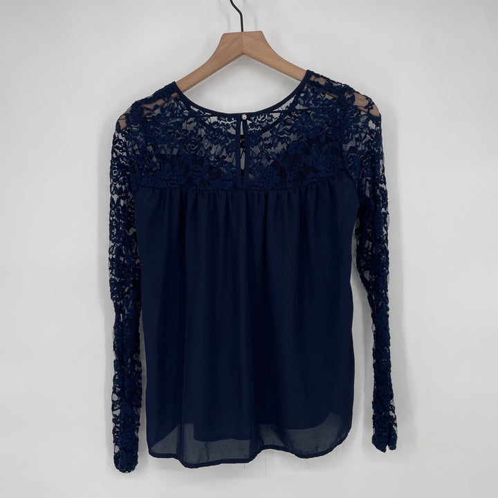 Charlotte Russe Navy Blue Lace Sleeve Gathered Neck Blouse Top Women's Medium
