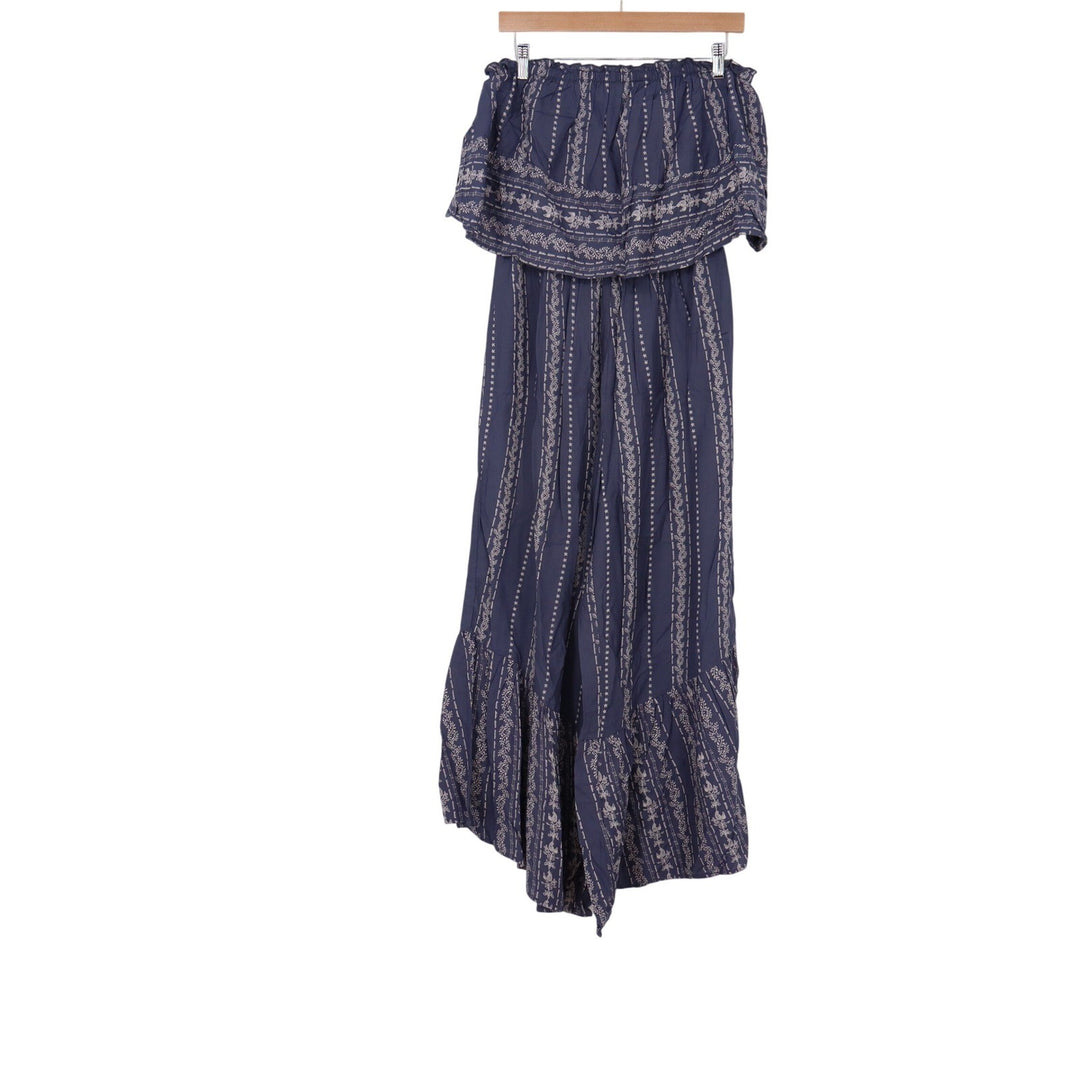 Jayne Jumpsuit Womens Large Strapless Wide Leg Navy Blue Floral Print Excellent