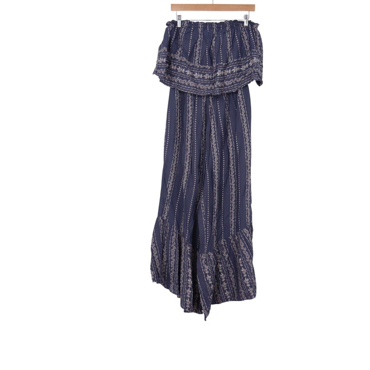 Jayne Jumpsuit Womens Large Strapless Wide Leg Navy Blue Floral Print Excellent