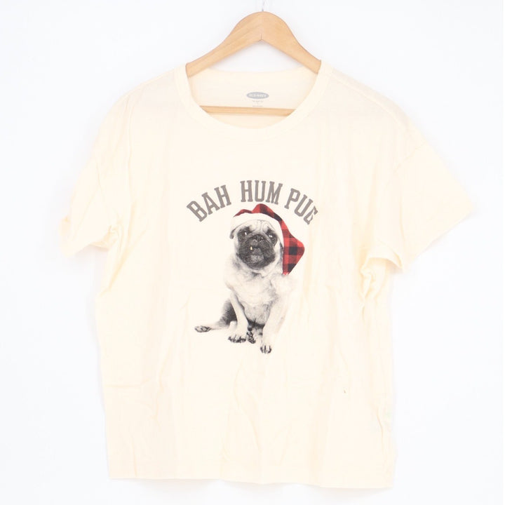 Old Navy T-Shirt Womens Large Beige Bah Hum Pug Graphic Short Sleeve Crew Neck