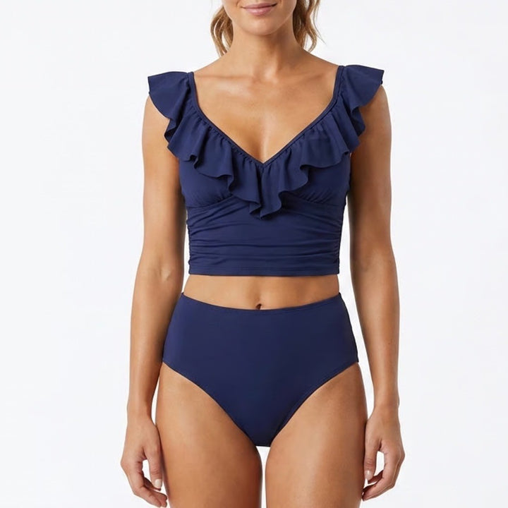 Cupshe Navy Blue Ruffle Tankini High Waisted Two Piece Swimsuit Set Size M
