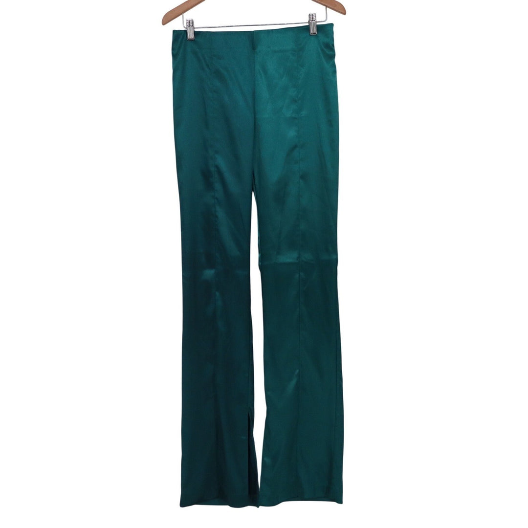 Mustard Seed High Rise Satin Pant Teal Green Straight Leg Side Slit L NEW
