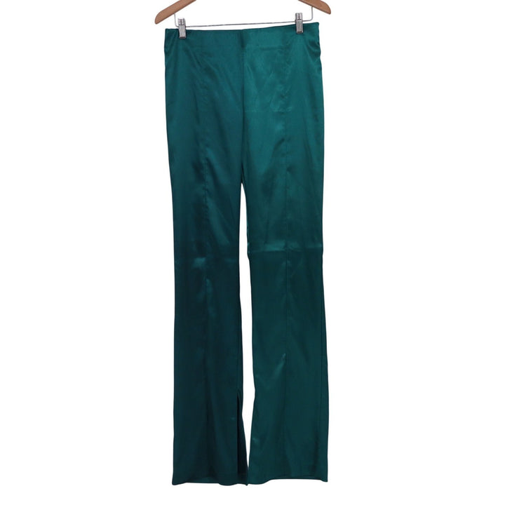 Mustard Seed High Rise Satin Pant Teal Green Straight Leg Side Slit L NEW