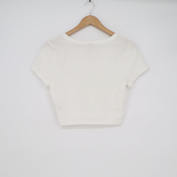 Wild Fable Womens V-Neck Short Sleeve Crop Top Off-White Cream Size M
