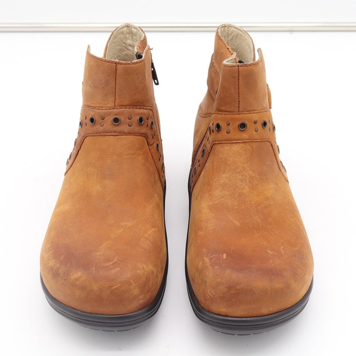Alegria Zoe-739 Tan Leather Ankle Boots Perforated Buckle Zip Booties Womens 38