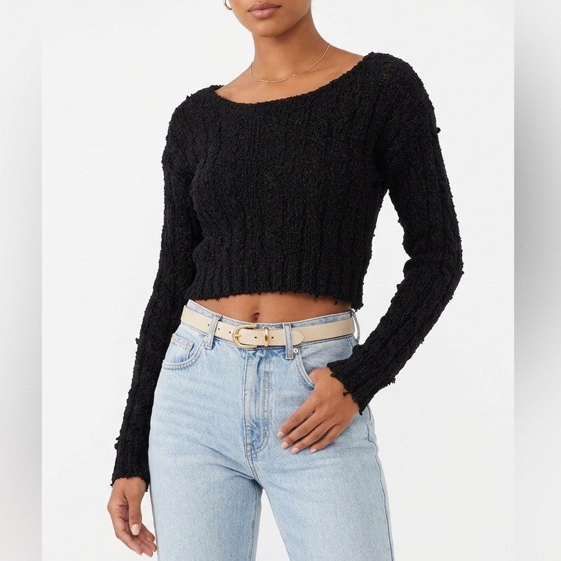 Hyfve Cropped Sweater Womens Large Black Long Sleeve Boat Neck Ribbed Knit Cozy