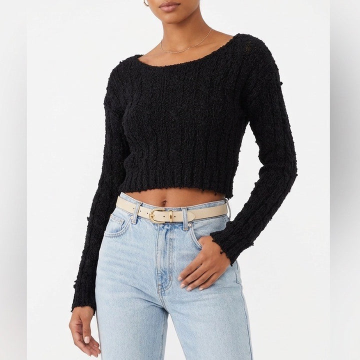 Hyfve Cropped Sweater Womens Large Black Long Sleeve Boat Neck Ribbed Knit Cozy