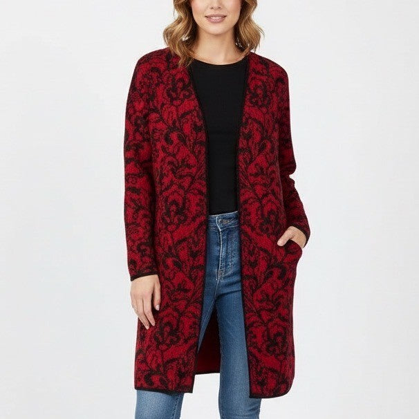 Kasper Jacket Womens XL Red Black Floral Jacquard Cotton Stretch Open Front