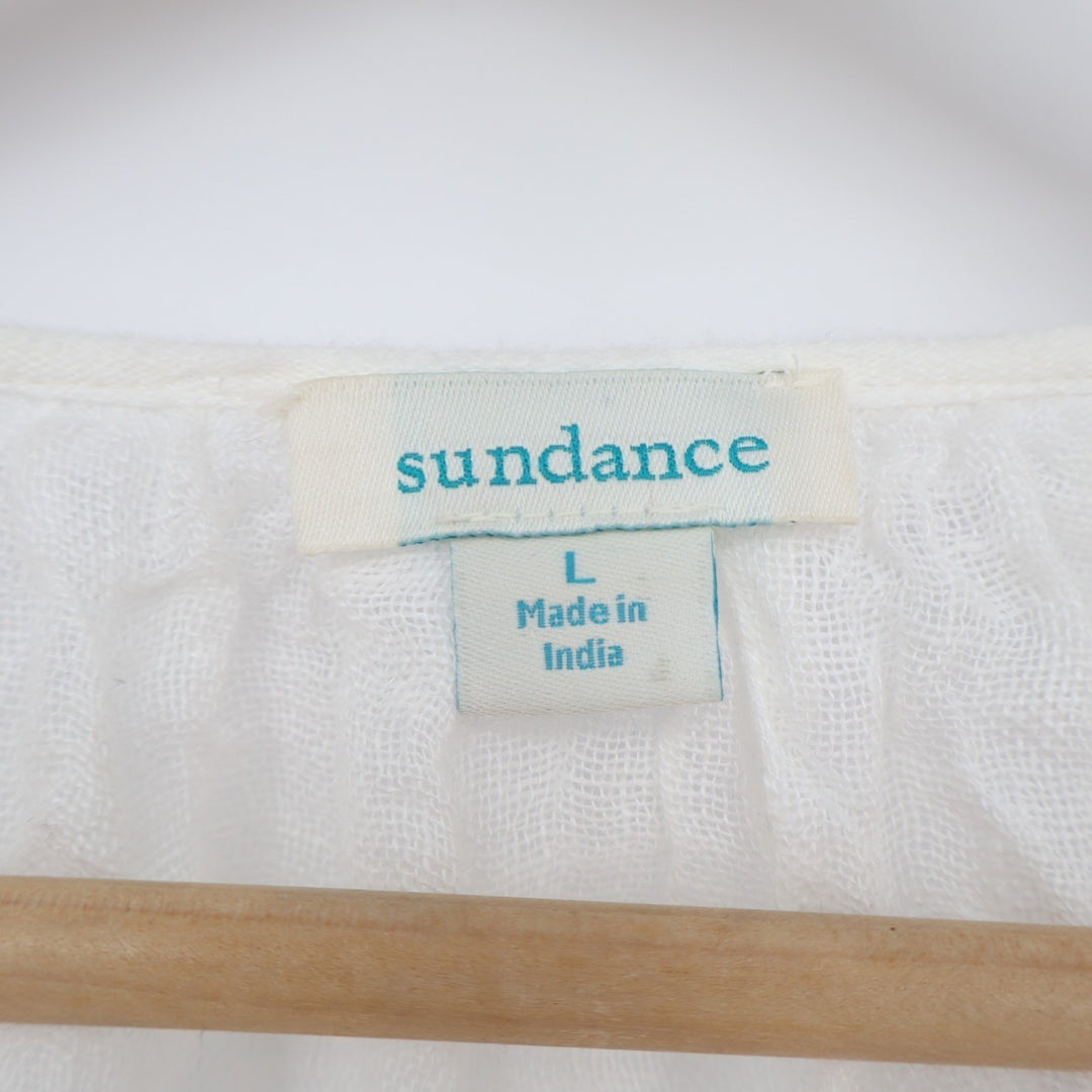 Sundance Tunic Top Womens Large White Sheer Ruffle Long Sleeve Tie Neck Pullover