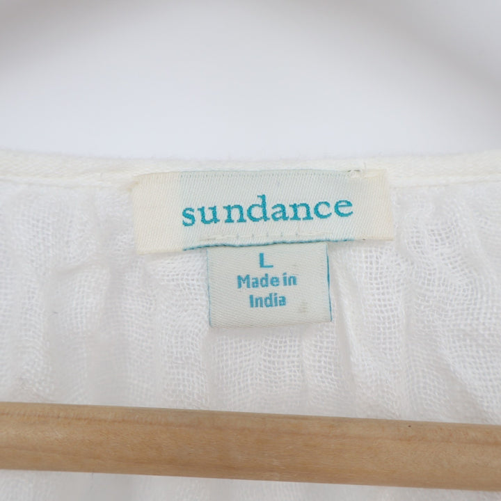 Sundance Tunic Top Womens Large White Sheer Ruffle Long Sleeve Tie Neck Pullover