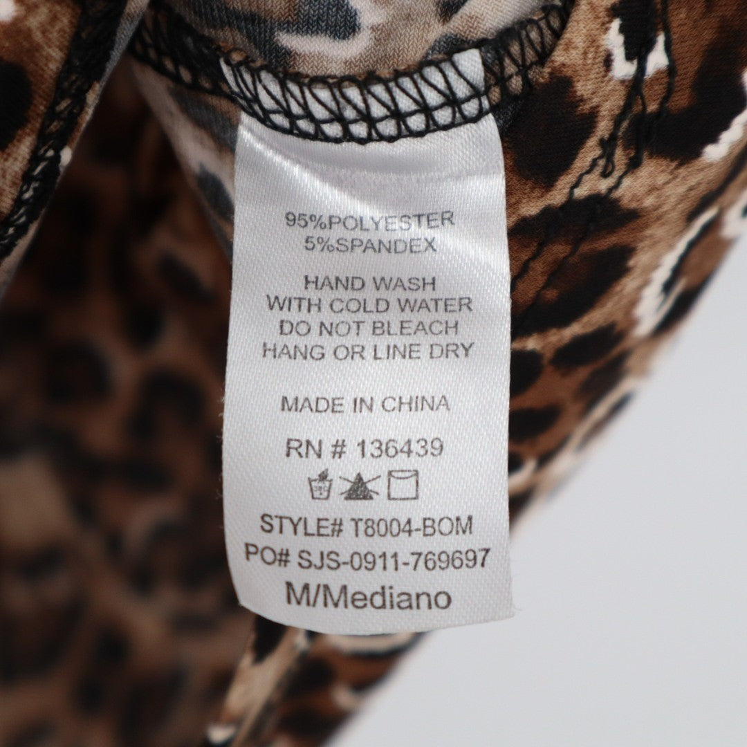 Amana Tank Top Womens Medium Brown Stretch Leopard Print Split Neck Round Hem