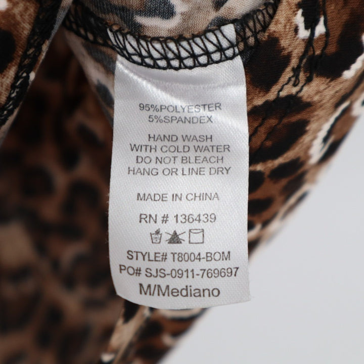 Amana Tank Top Womens Medium Brown Stretch Leopard Print Split Neck Round Hem