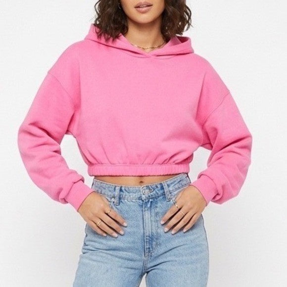 Naked Wardrobe Pink Cropped Funnel Neck Hoodie Sweatshirt Large