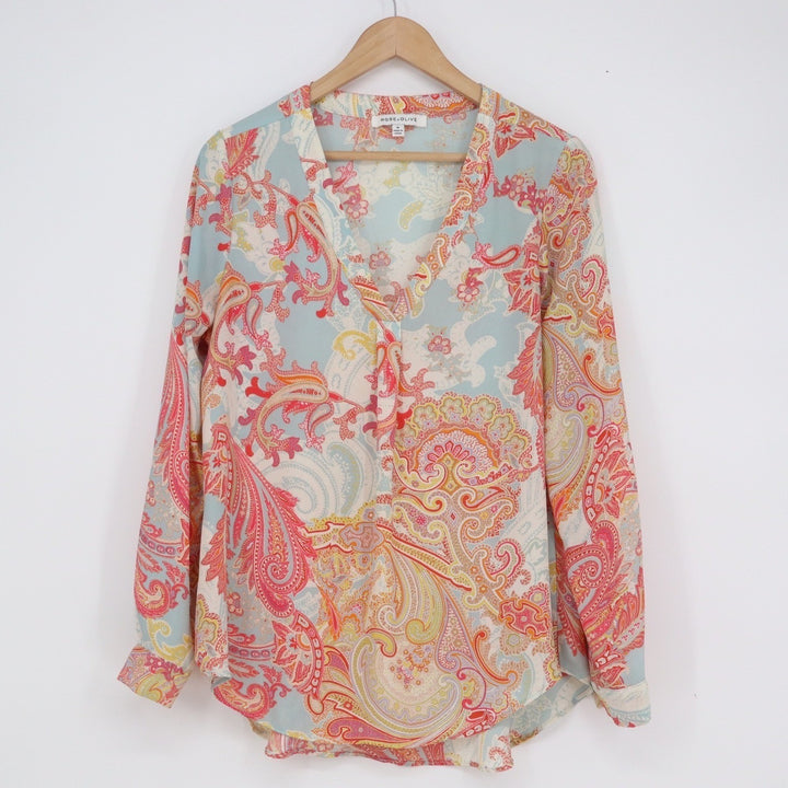 Rose + Olive Womens Paisley V-Neck Blouse Multicolor Long Sleeve Top Size M