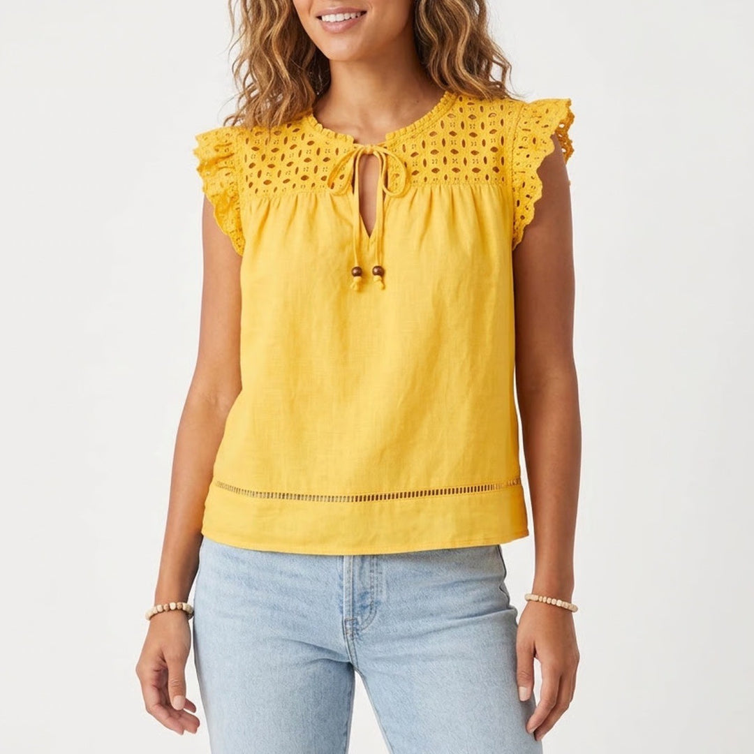 Marc New York Andrew Marc Yellow Linen Blend Eyelet Ruffle Blouse Large
