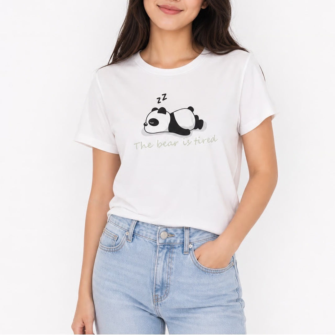 The Bear is Tired Sleeping Panda Graphic Tee White Short Sleeve XS