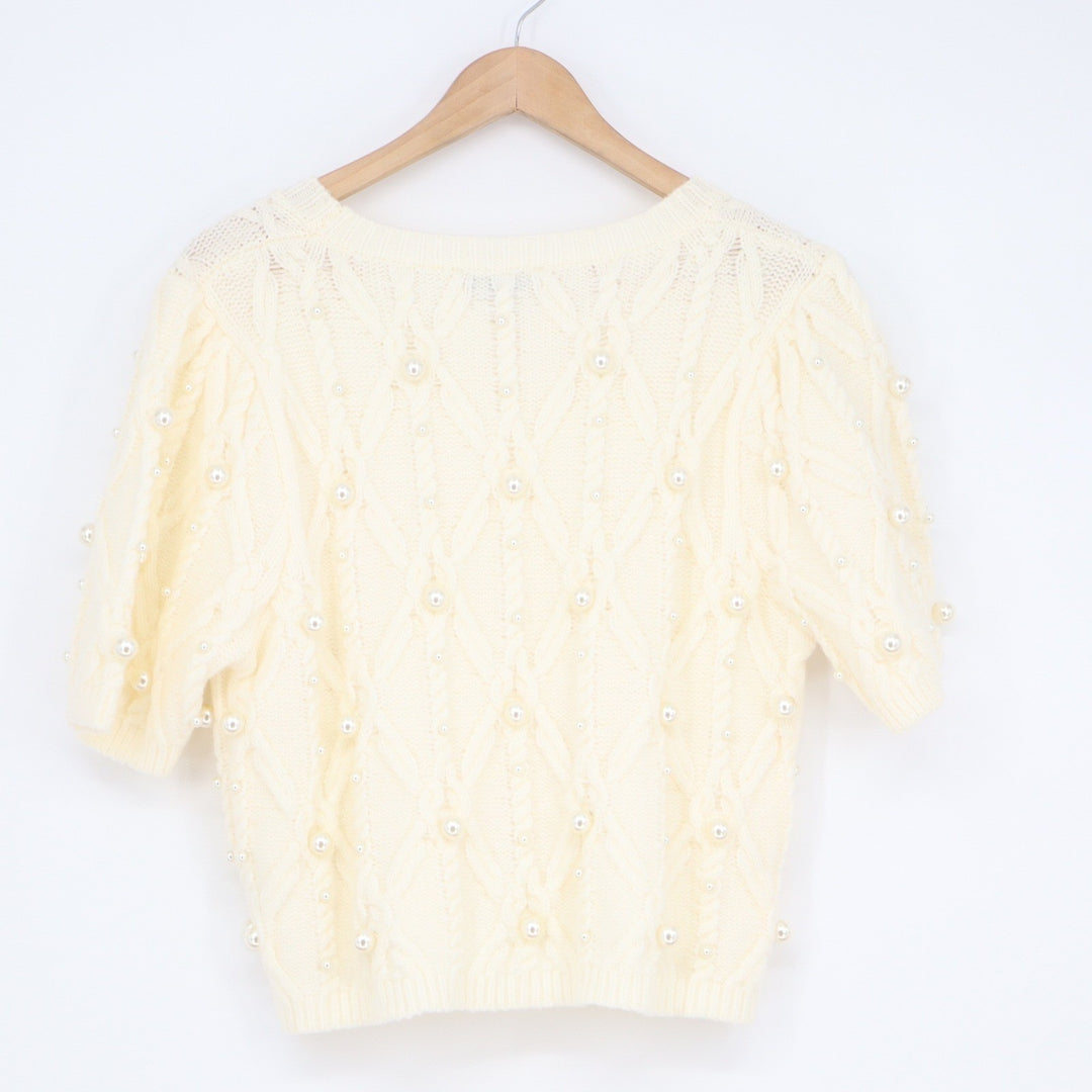Stile Collection Ivory Faux Pearl Cable Knit Short Sleeve Sweater Large