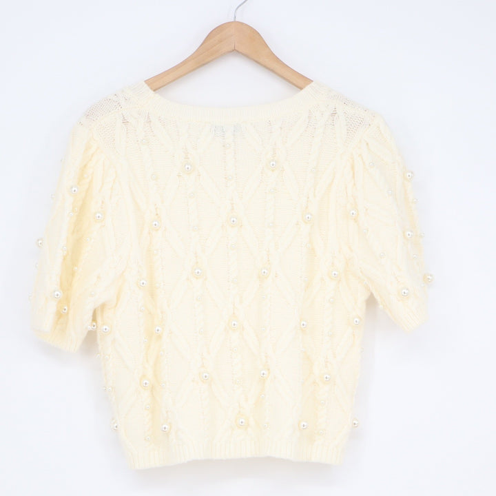 Stile Collection Ivory Faux Pearl Cable Knit Short Sleeve Sweater Large