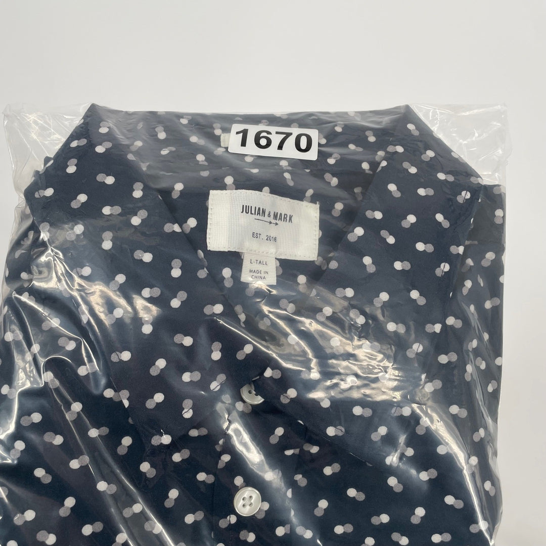 JULIAN MARK L Tall Navy Blue Abstract Dot Print Long Sleeve Button Down Stretch